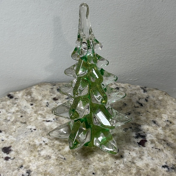 Vintage Clear Green Gold Sparkle Art Glass Christmas Tree 6.5” - Picture 12 of 12
